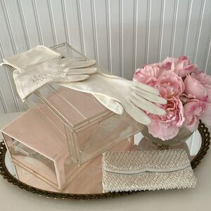 Bundle Of Vintage “Hollywood” Ladies Items, 2 Pr Gloves, Clutch, 2 Plastic Boxes